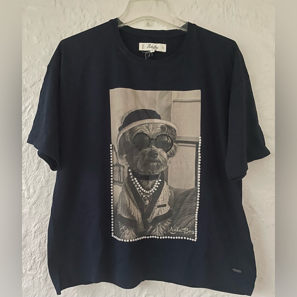 Koala Bay black short sleeve T-shirt funny dog graphic print, pearl details; L